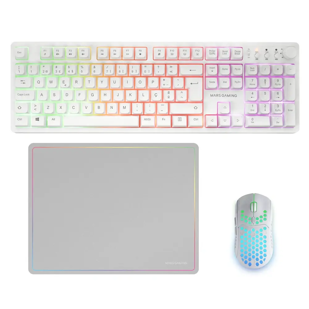 Combo Gaming 3-em-1 Mars Gaming MCPWX RGB Teclado + Rato + Tapete Branco