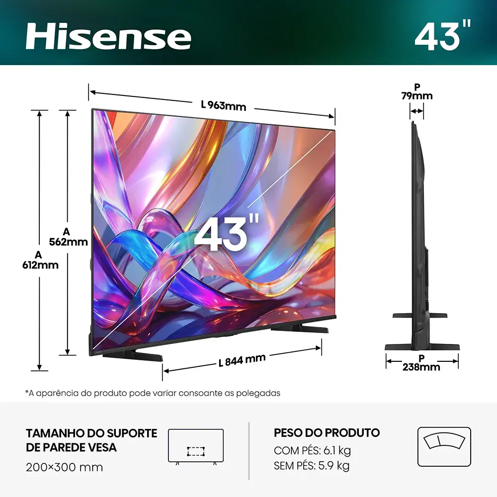 Smart TV Hisense 43E7S 43" QLED 4K UHD HDR Quantum Dot Direct LED VIDAA 60Hz Preto - Imagem 2