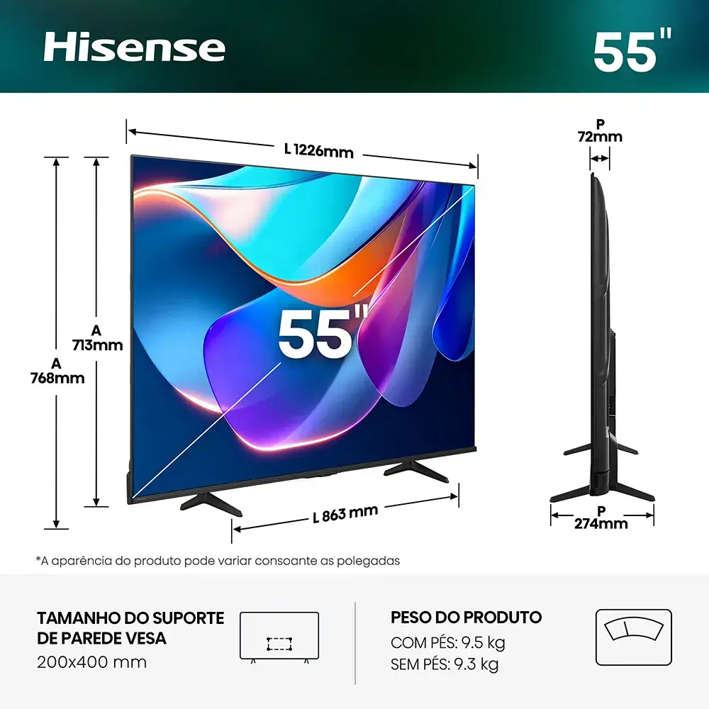 Smart TV Hisense 55A6S 55" 4K UHD HDR Direct LED Smart TV VIDAA 60Hz HDMI USB RJ45 Preto - Imagem 2