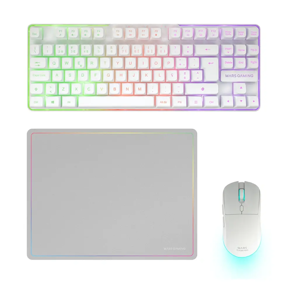 Combo Gaming 3-em-1 Mars Gaming MCPWTKL Teclado TKL Wireless Rato e Tapete Layout PT Branco - Imagem 1