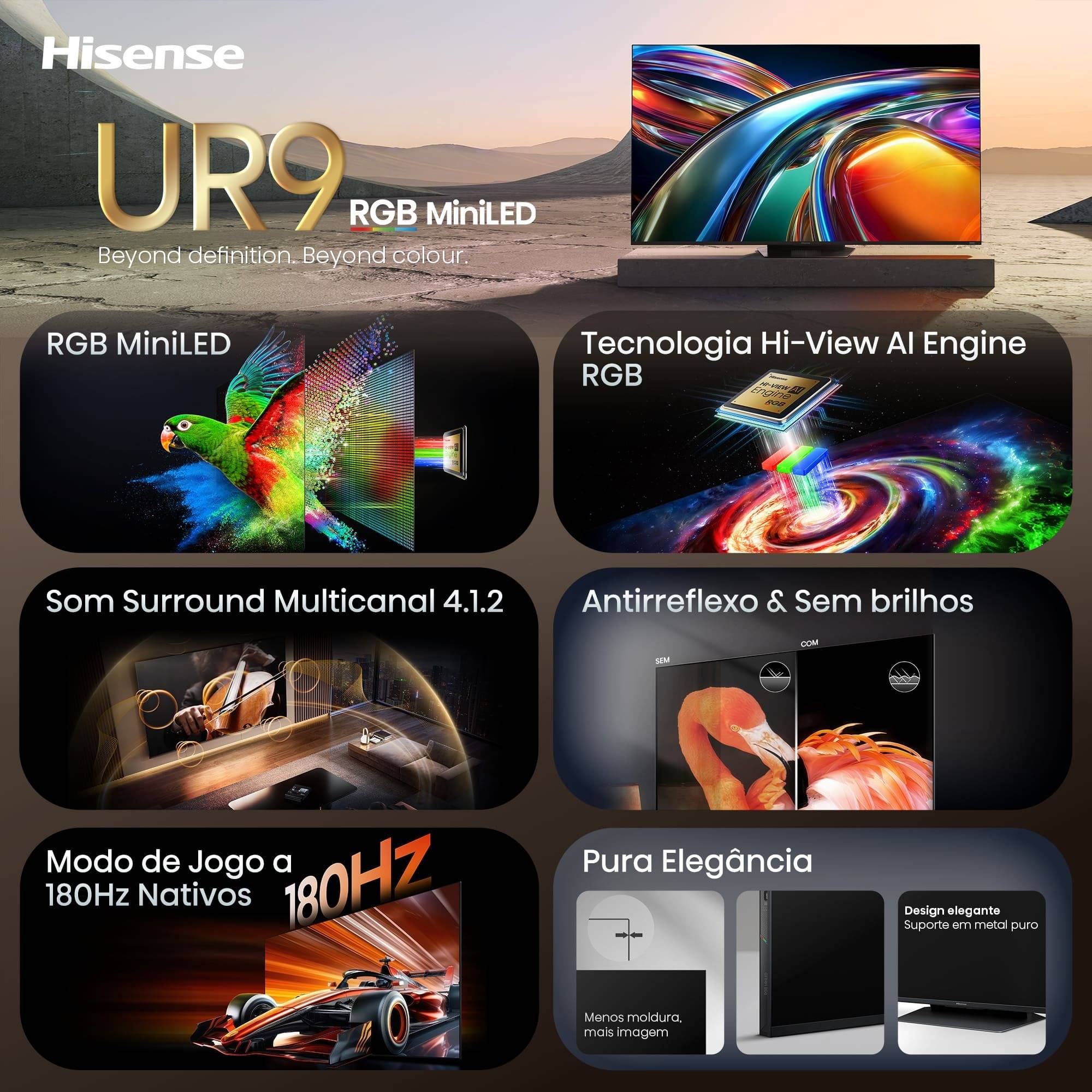Televisão Hisense 75" Série UR9S RGB MiniLED Ultra HD AI 4K 180Hz WiFi Bluetooth - Imagem 3