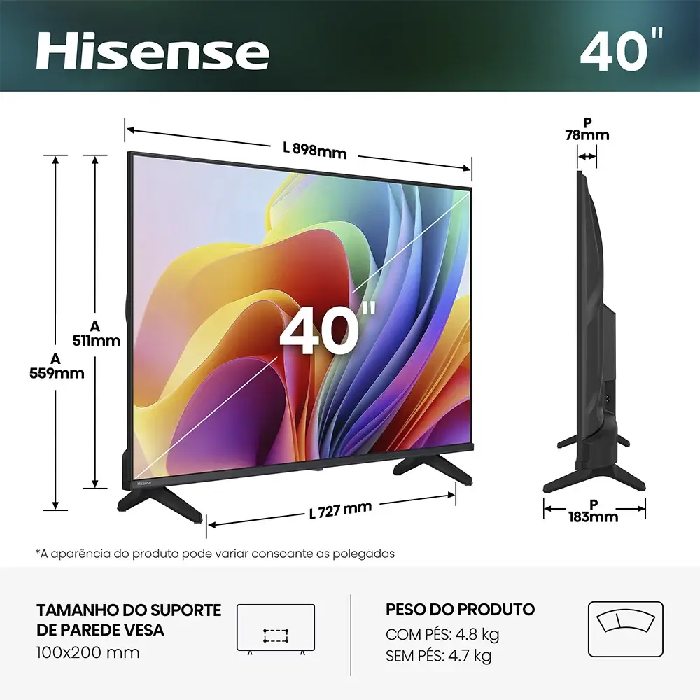Televisão Smart TV Hisense Série A4S 40" Full HD DLED 60Hz WiFi HDMI USB - Imagem 2