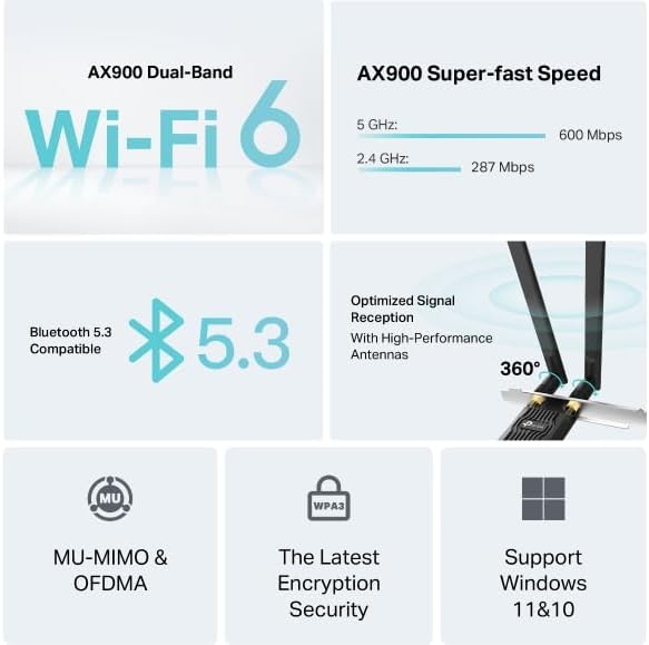 Adaptador de Rede TP-LINK TX10E Archer AX900 Wi-Fi 6 Bluetooth 5.3 PCI Express Dual Band 887 Mbps - Imagem 3