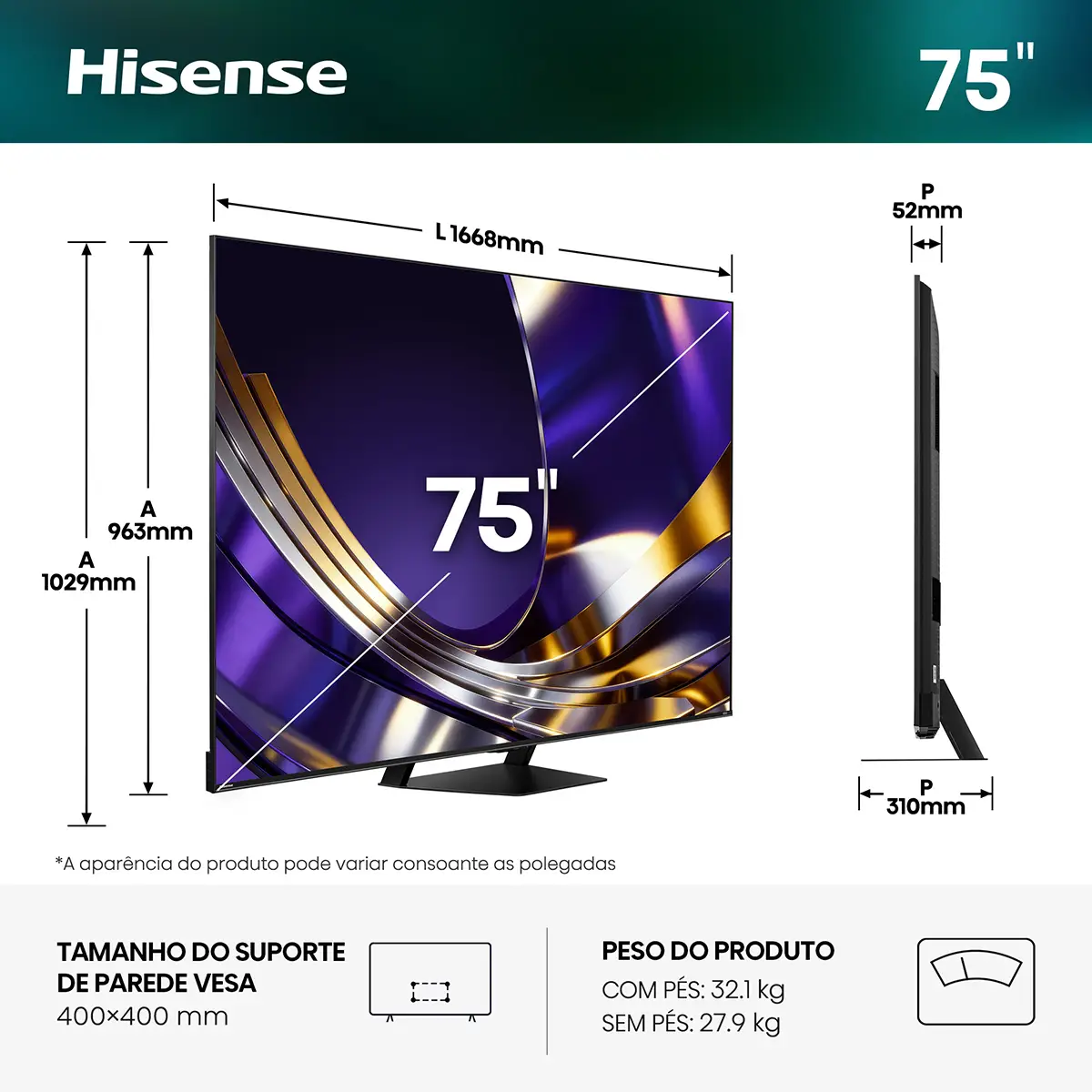Smart TV Hisense 75" Serie U7S Pro Mini-LED QLED Ultra HD 4K 165Hz WiFi Bluetooth - Imagem 2