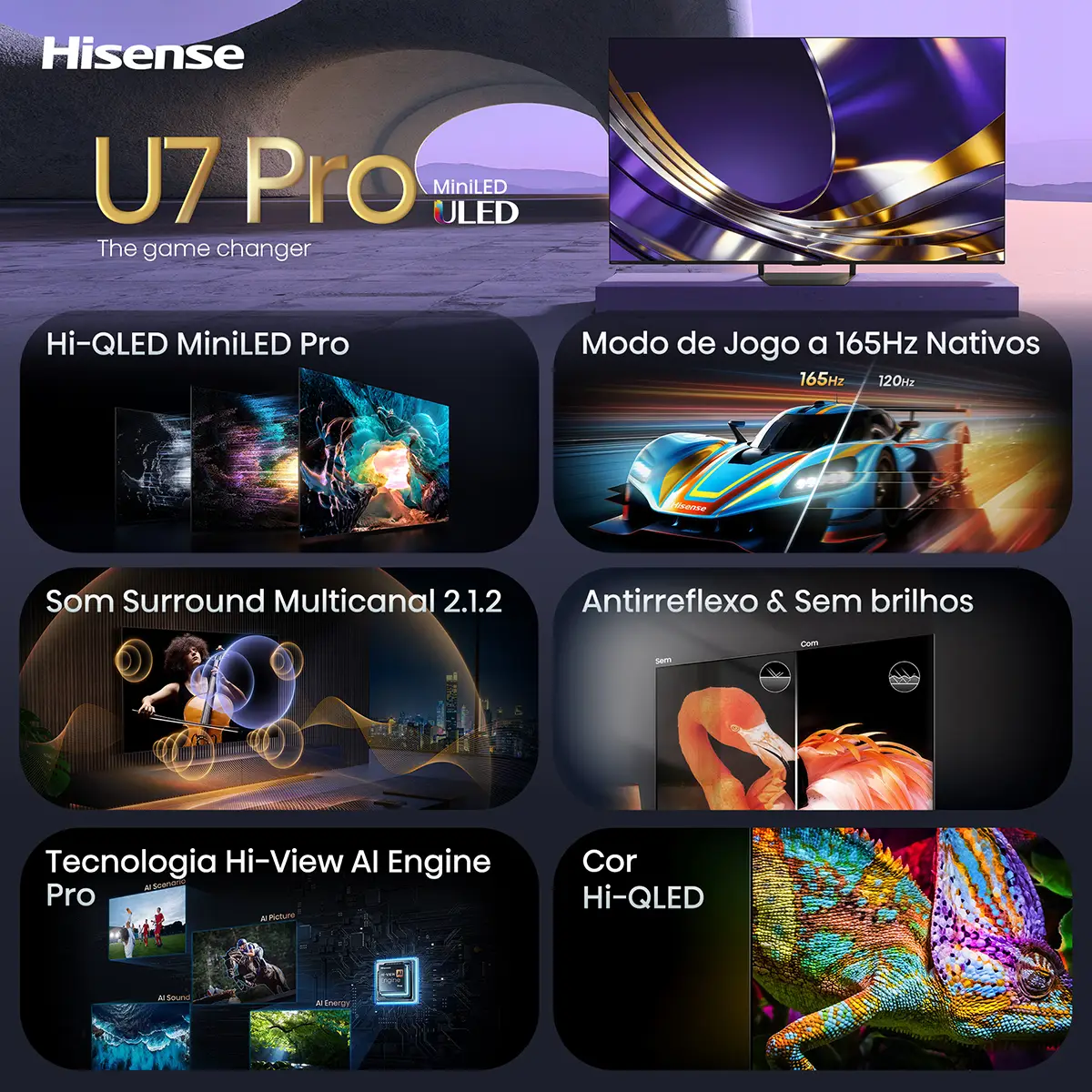 Smart TV Hisense 75" Serie U7S Pro Mini-LED QLED Ultra HD 4K 165Hz WiFi Bluetooth - Imagem 3