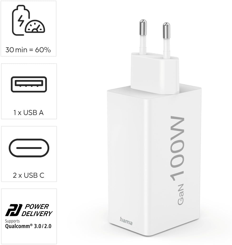 Carregador Hama Fast Charger GaN 100W 2x USB-C 1x USB-A Branco - Imagem 2