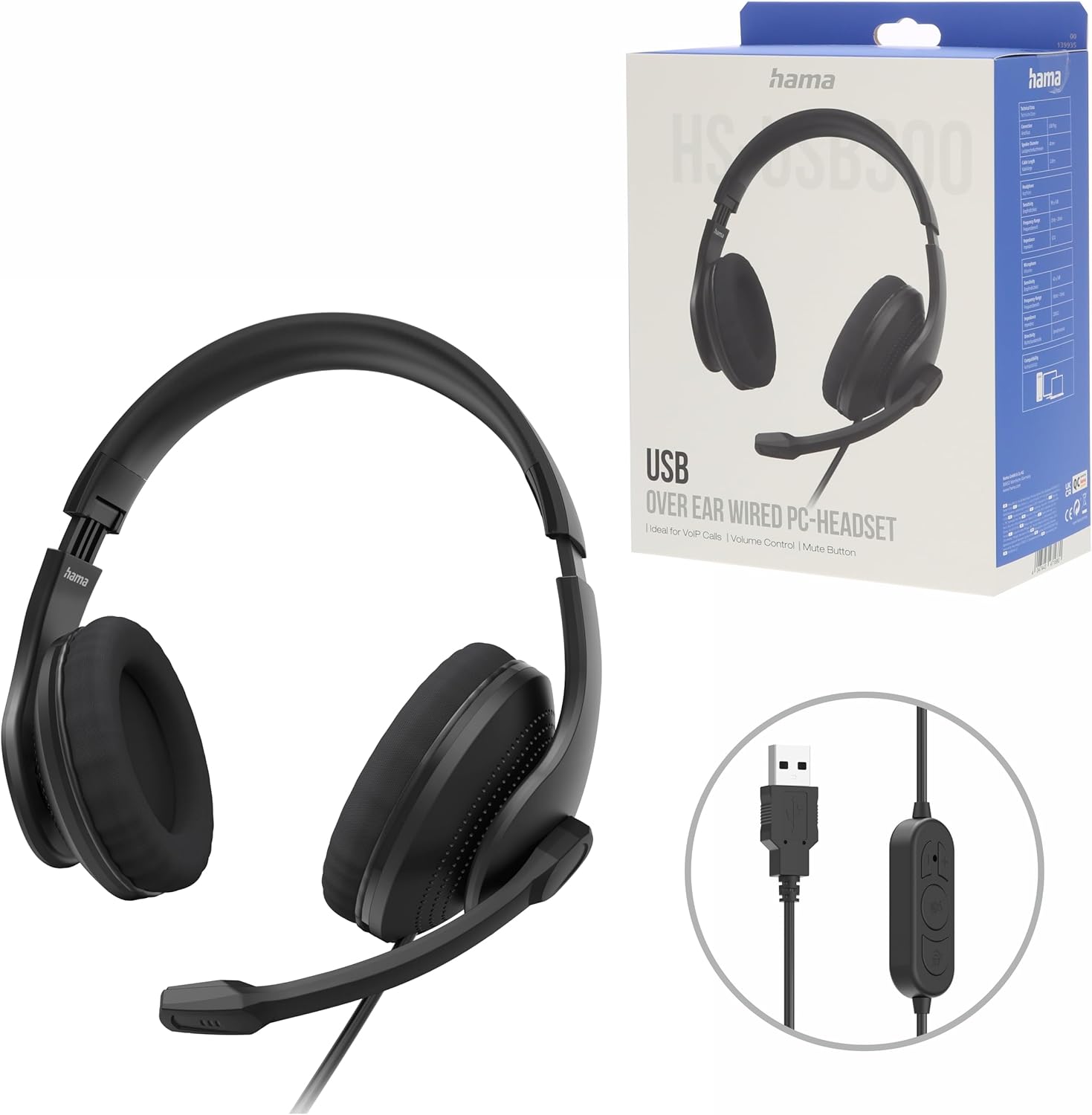 Headset HAMA HS-USB300 V2 Stereo USB para PC e Escritório Preto