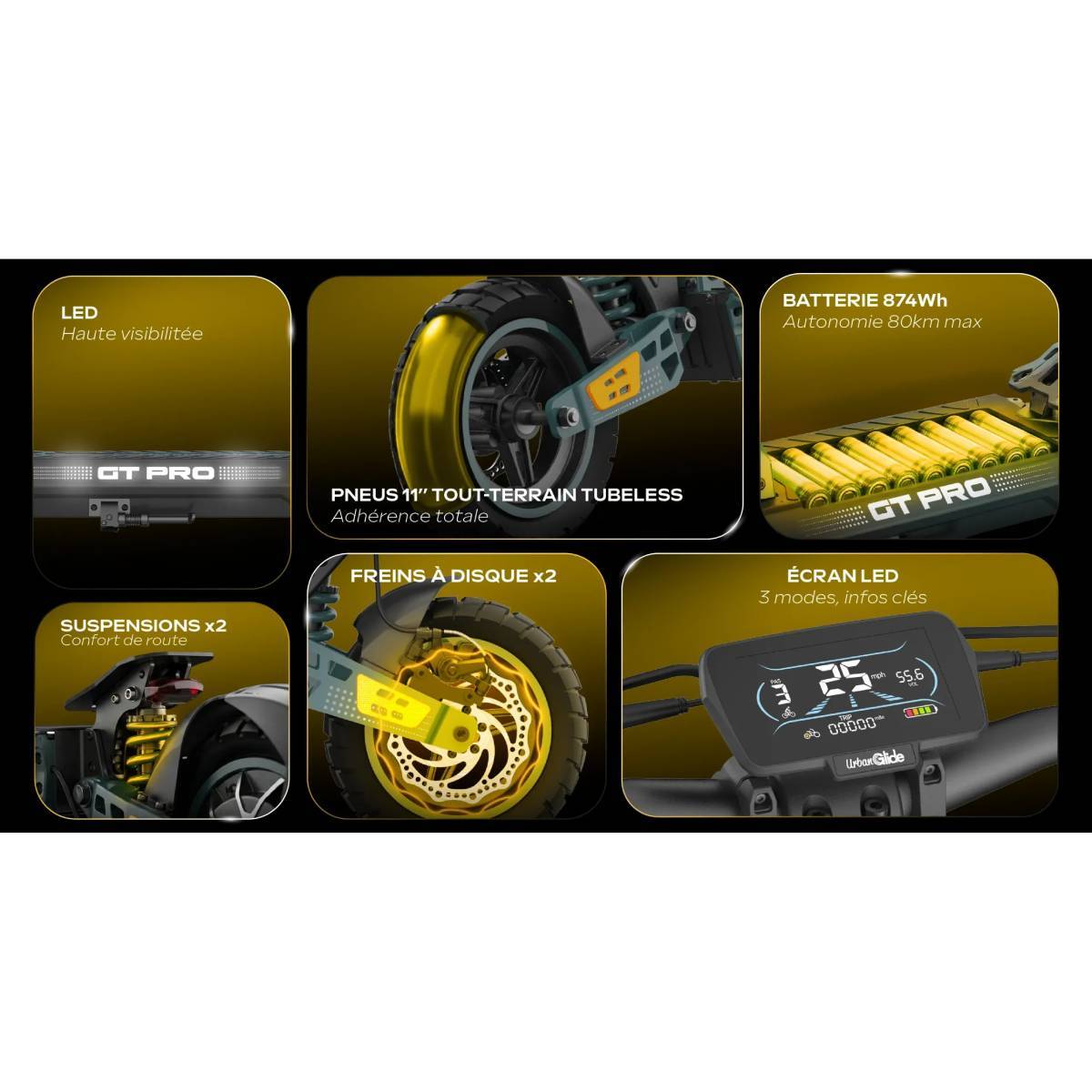 Trotinete Elétrica URBANGLIDE GT Pro 1300W Rodas 11" Autonomia 80km 48V 18.2Ah Preto e Verde - Imagem 3