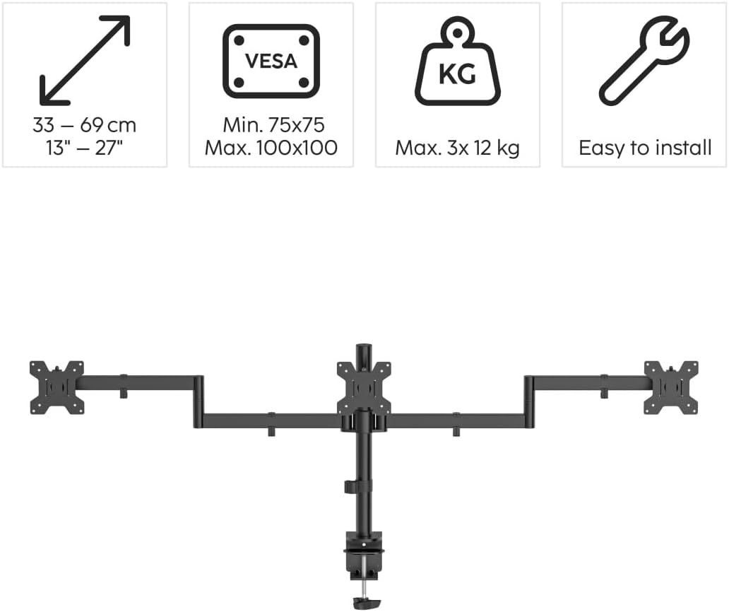 Suporte de Monitor HAMA para 3 Monitores 13" a 27" Ajustável em Altura Inclinável e Giratório - Imagem 2