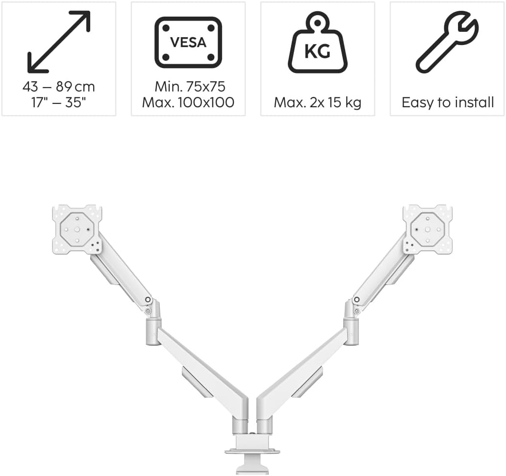 Suporte de Monitor HAMA para 2 Monitores com Mola de Gás 17" a 35" Totalmente Móvel Branco - Imagem 2