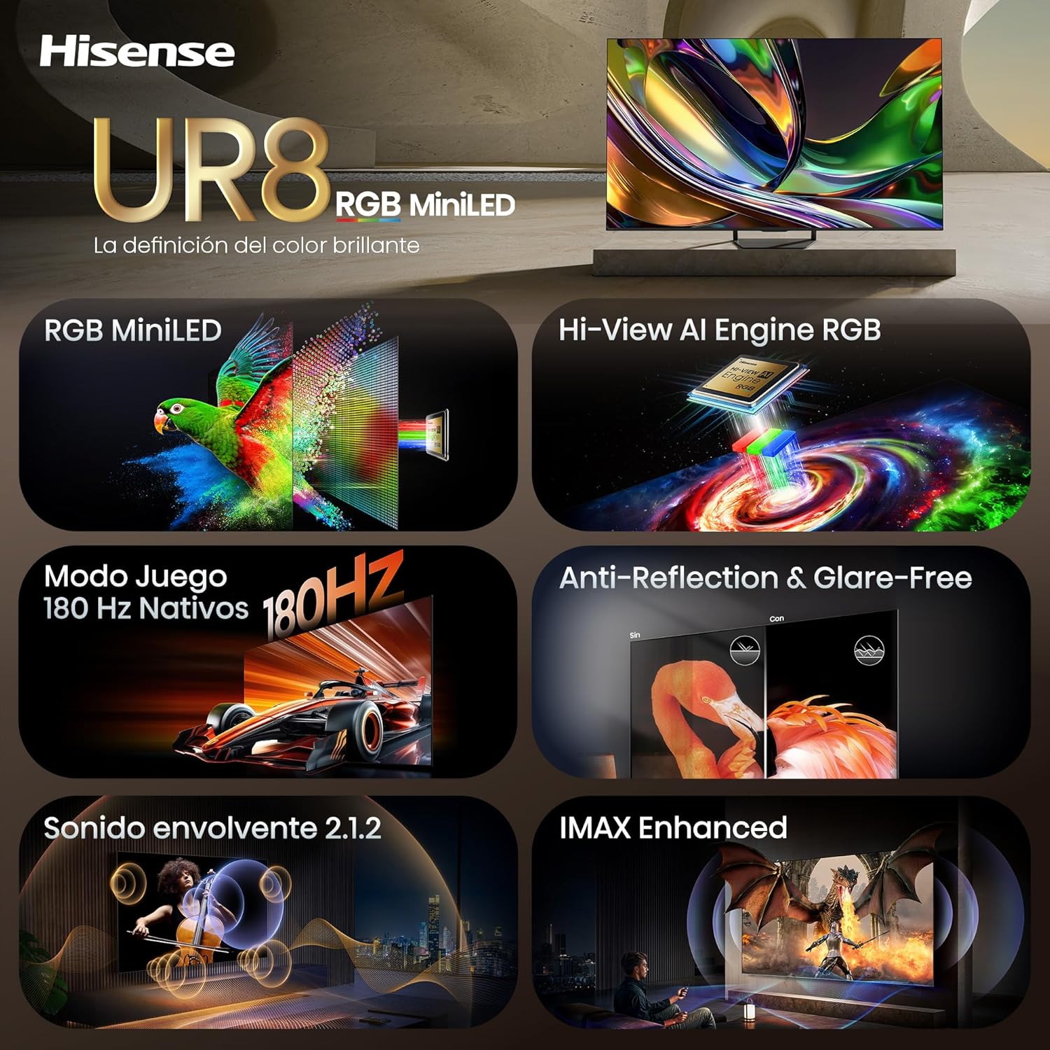 Televisão HISENSE Serie UR8S 65" RGB Mini-LED Ultra HD 4K USB HDMI WiFi Bluetooth - Imagem 3