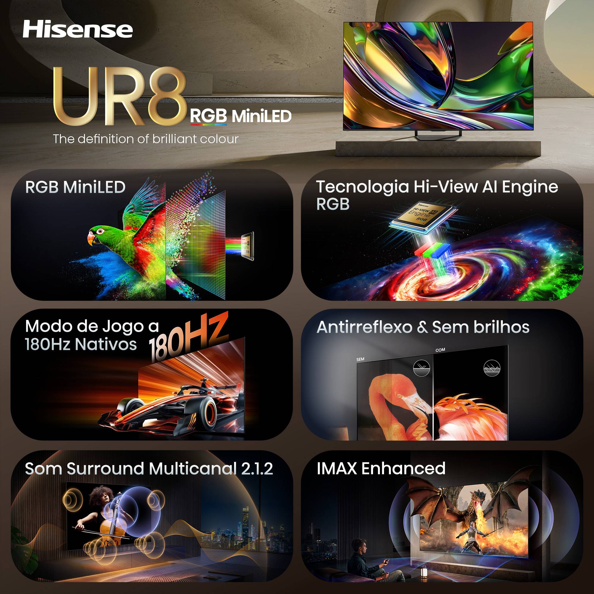 TV HISENSE 85" Serie UR8S Mini-LED RGB Ultra HD 4K WiFi Bluetooth - Imagem 3