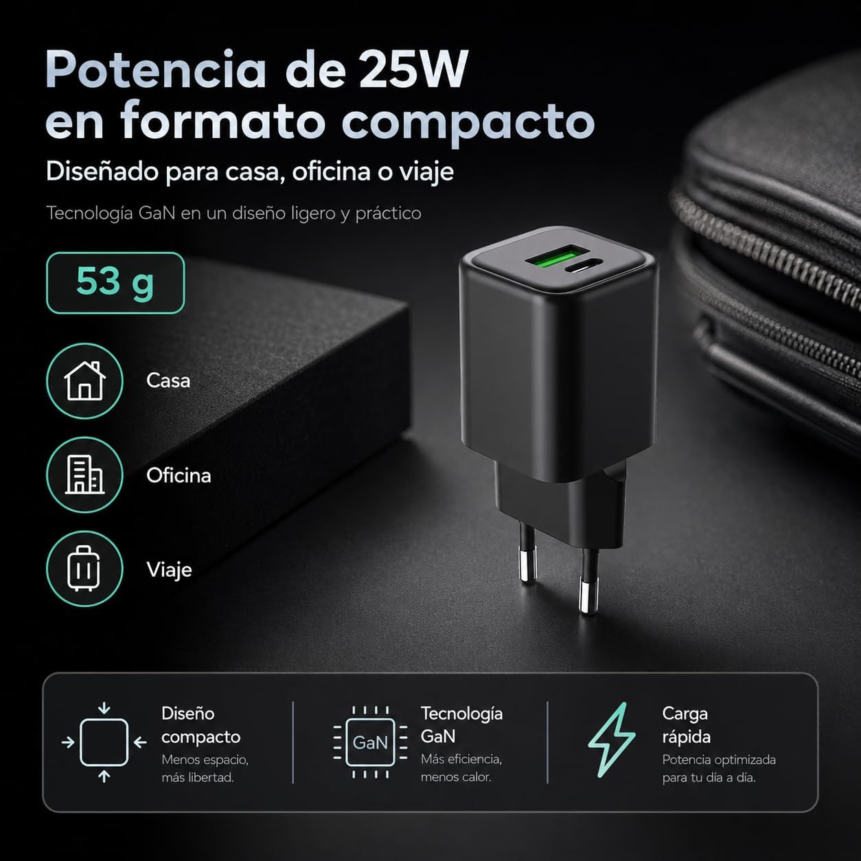 Carregador Coolbox 25W com Portas USB-A e USB-C Preto - Imagem 4