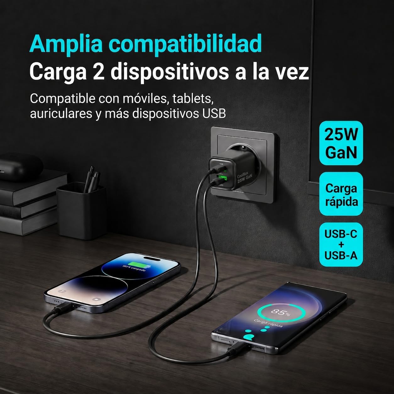 Carregador Coolbox 25W com Portas USB-A e USB-C Preto - Imagem 6