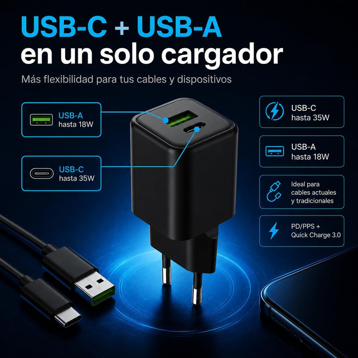 Carregador CoolBox 35W USB-A e USB-C Preto - Imagem 6