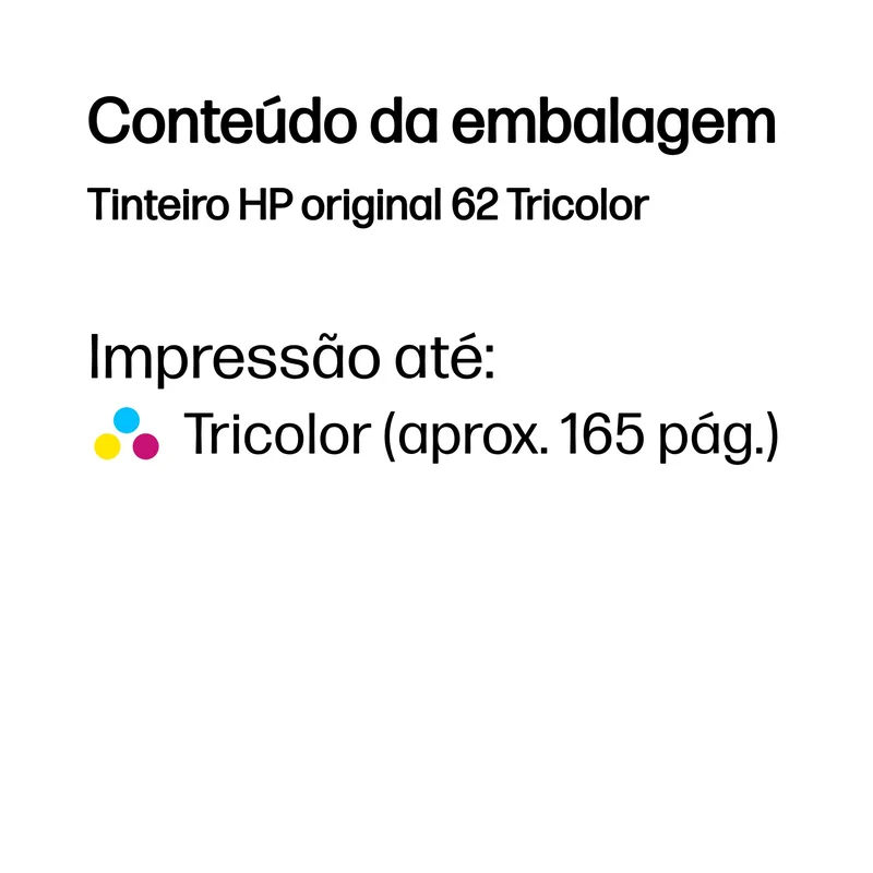 Tinteiro HP 62 Original Tricolor 4.5 ml (Ciano, Magenta, Amarelo) até 165 Páginas - Imagem 3