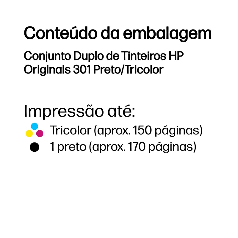 Tinteiro HP 301 Original Pack de 2 Preto e Cores (Ciano, Magenta, Amarelo) 170/150 Páginas - Imagem 3