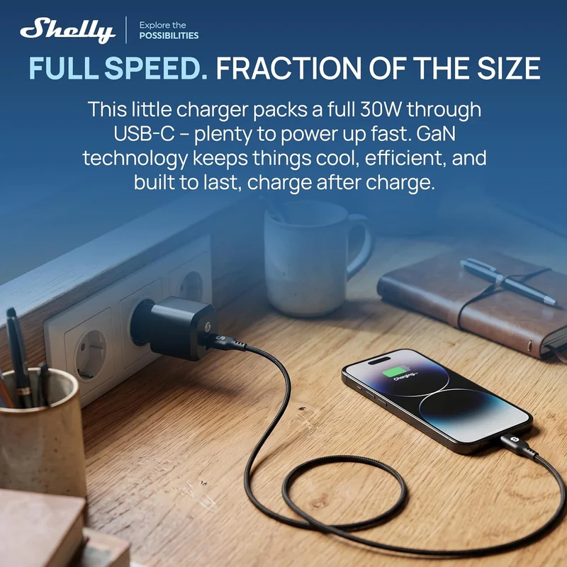 Carregador USB-C Shelly GaN Charger 30W Power Delivery 3.0 PPS Preto SCHG30XEUX - Imagem 2