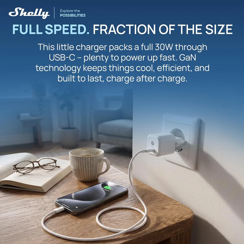 Adaptador de Alimentação GaN Shelly 30W USB-C Power Delivery 3.0 PPS Branco - Imagem 2