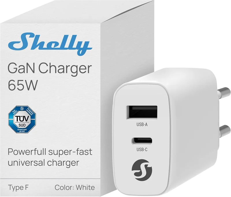 Carregador GaN Shelly 65W USB-C + USB-A Power Delivery 3.0 Branco - Imagem 1