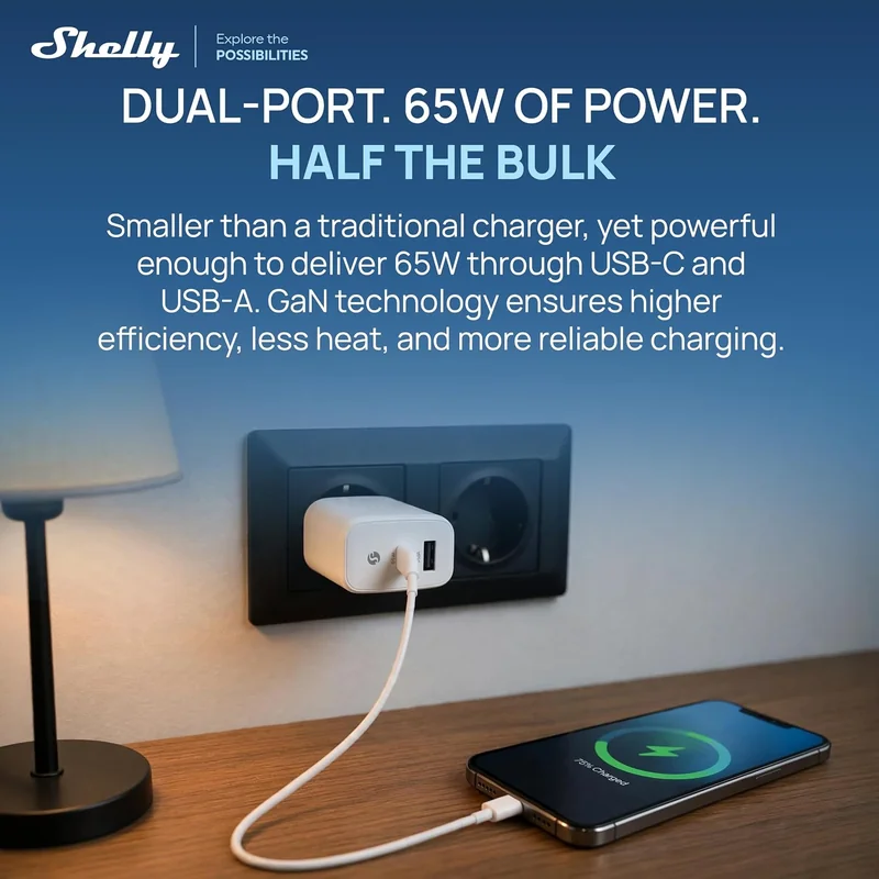 Carregador GaN Shelly 65W USB-C + USB-A Power Delivery 3.0 Branco - Imagem 2