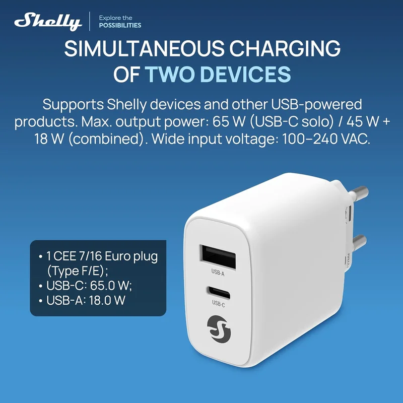 Carregador GaN Shelly 65W USB-C + USB-A Power Delivery 3.0 Branco - Imagem 4