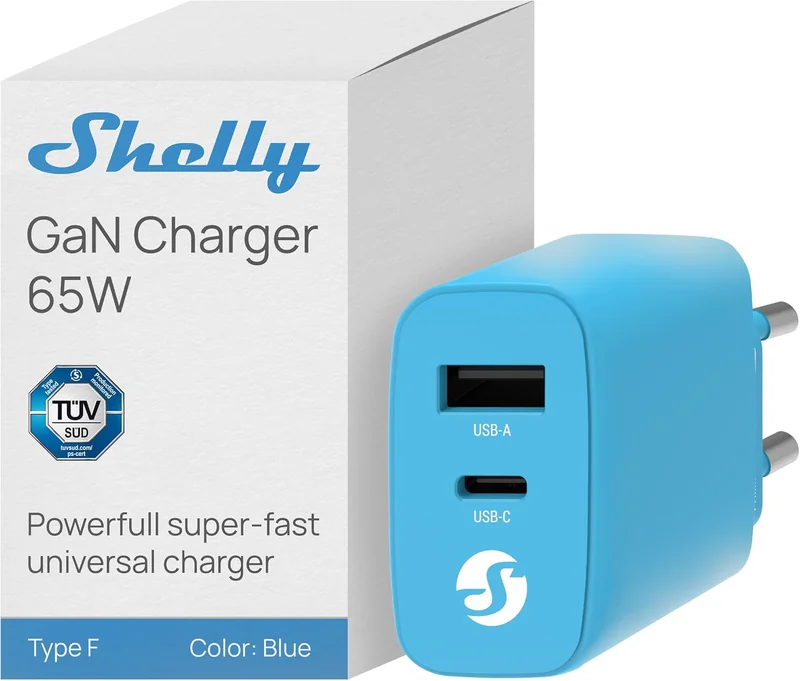 Carregador Shelly GaN Charger 65W USB-C + USB-A Power Delivery 3.0 Azul - Imagem 1
