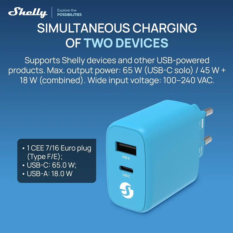 Carregador Shelly GaN Charger 65W USB-C + USB-A Power Delivery 3.0 Azul - Imagem 4