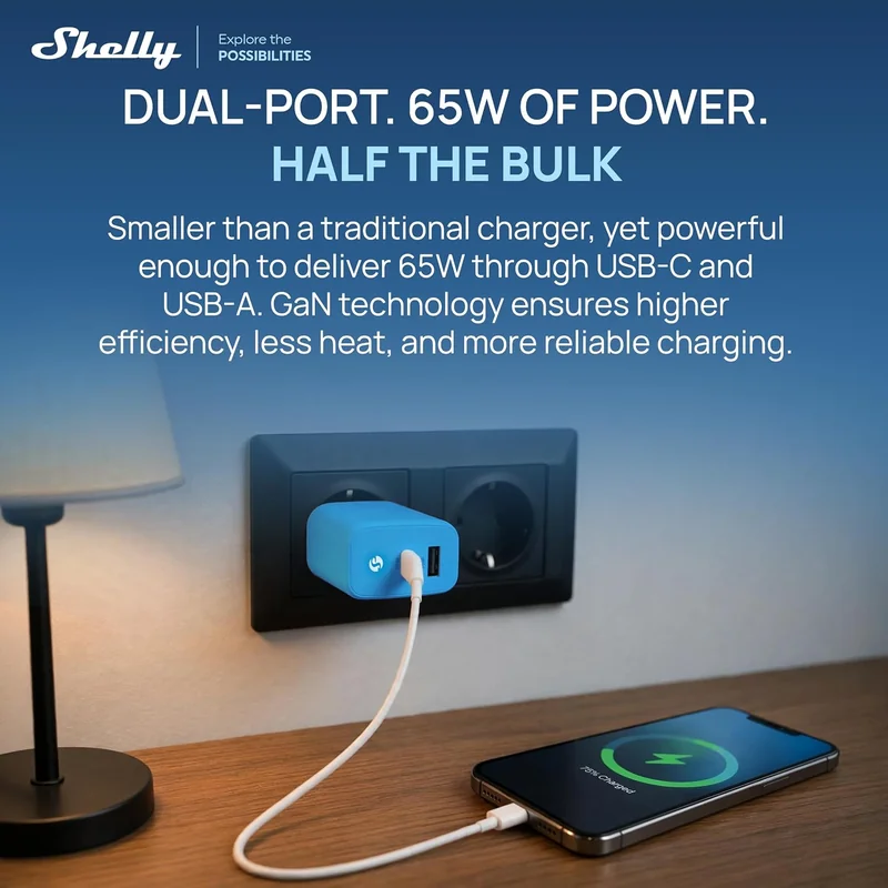 Carregador Shelly GaN Charger 65W USB-C + USB-A Power Delivery 3.0 Azul - Imagem 2