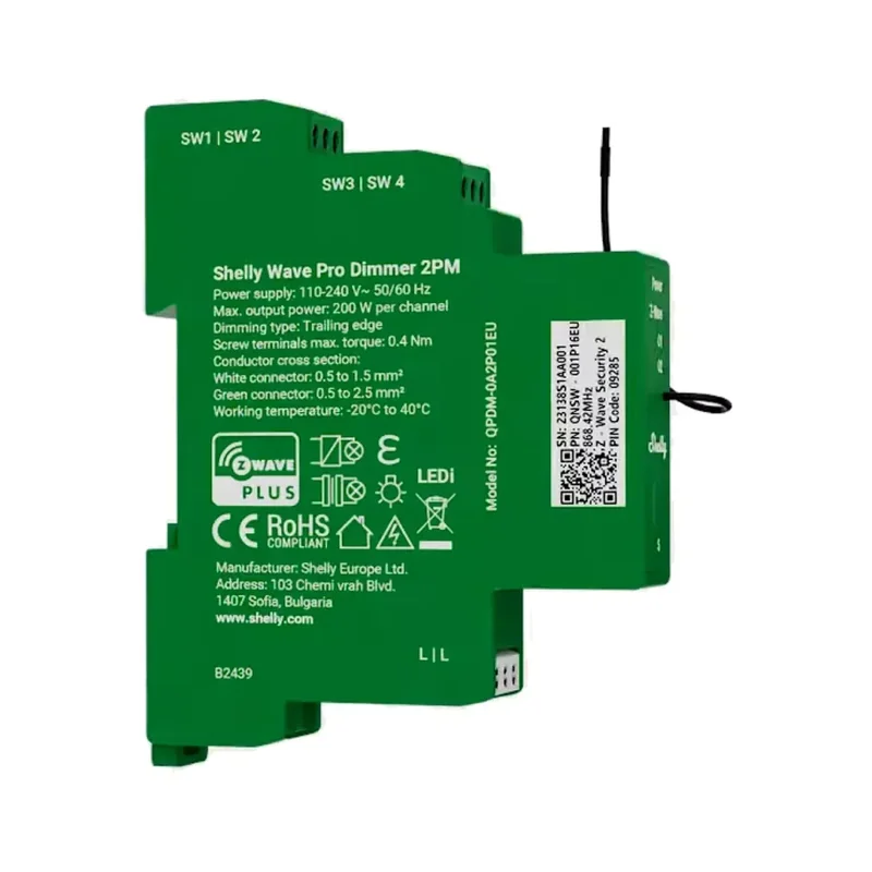 Dimmer Inteligente Shelly Wave Pro Dimmer 2PM 2 Canais Calha DIN Monitorização de Energia Z-Wave - Imagem 2