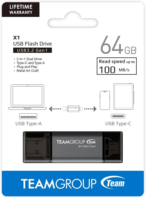 Pen Drive Team Group X1 64GB USB 3.2 Gen 1 Dual Interface Type-C + Type-A Preto - Imagem 9