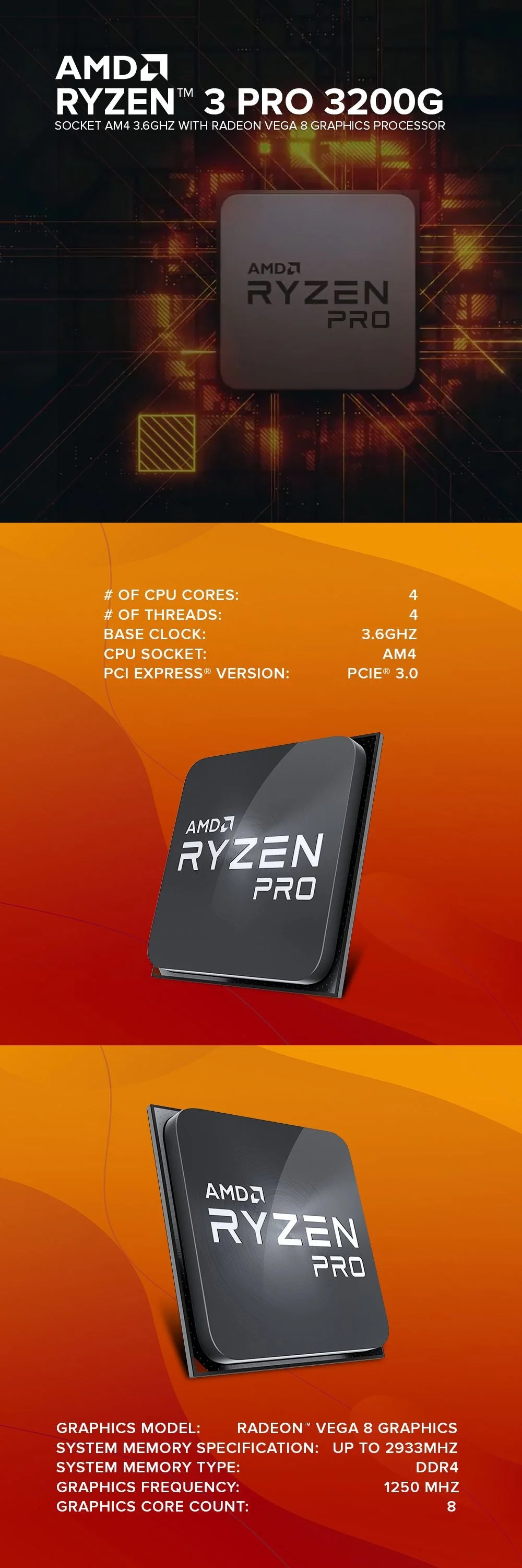 Processador AMD Ryzen 3 PRO 3200G Socket AM4 4-Cores 8-Threads 4GHz 65W Tray - Imagem 1