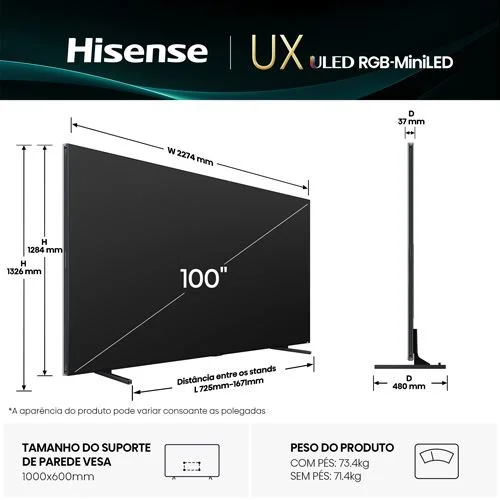 HISENSE Serie UXQ 100INCH UHD 165Hz Android WiFi BT HDMI USB RJ45 - Imagem 2