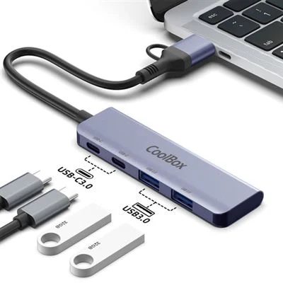 Hub USB-C e USB-A COOLBOX em Alumínio 4 Portas 2x USB-C + 2x USB-A 3.2 Gen 1 Prateado - Imagem 3