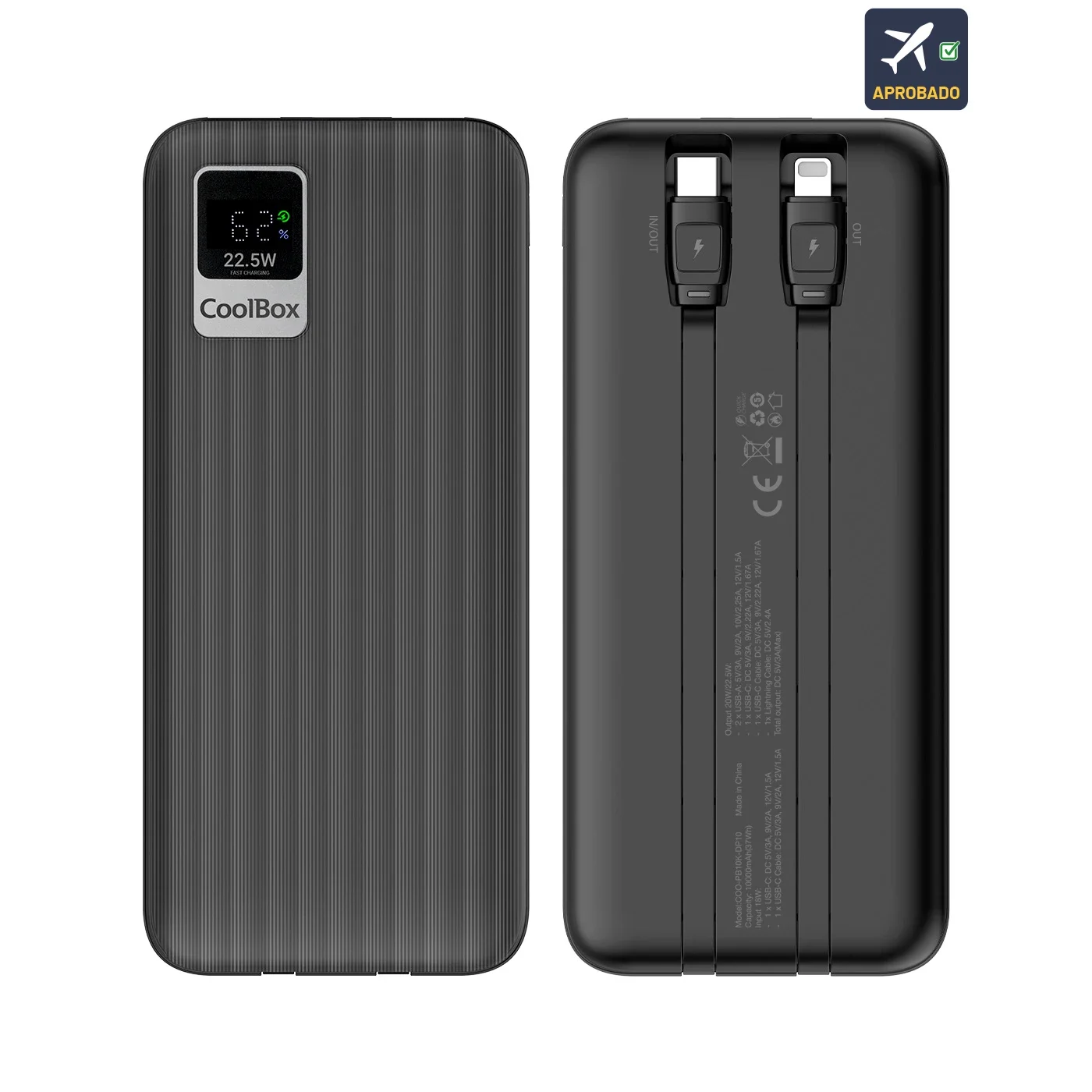 Powerbank CoolBox DP10 10000mAh LCD USB-C Lightning Fast Charge Preto - Imagem 1