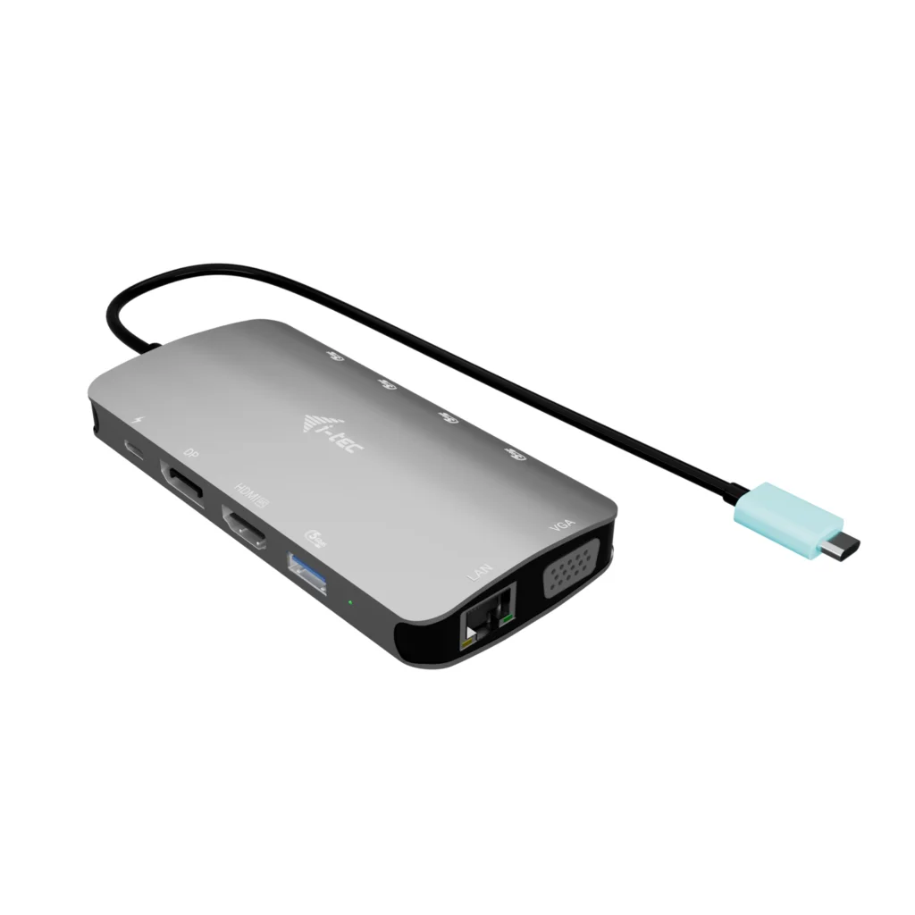 Docking Station USB-C I-TEC Metal Nano Triplo Monitor 4K HDMI DP VGA 4x USB-A RJ45 Power Delivery 100W Prateado - Imagem 1
