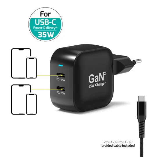 Carregador de Parede Port Designs USB-C PD 35W GaN + Cabo USB-C 2m EU - Imagem 3