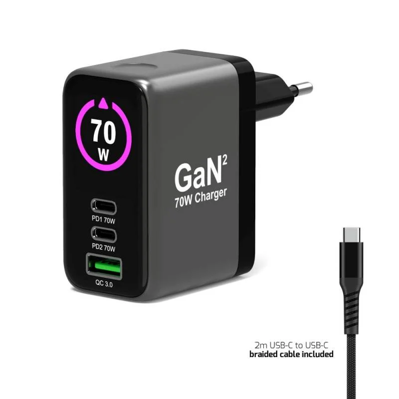 Carregador de Parede USB-C 70W GaN OLED Port Designs para MacBook Pro 14 com Cabo 2m EU - Imagem 6