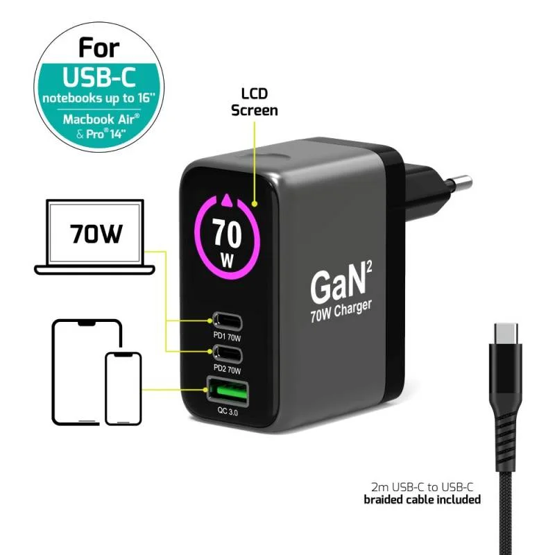 Carregador de Parede USB-C 70W GaN OLED Port Designs para MacBook Pro 14 com Cabo 2m EU - Imagem 3