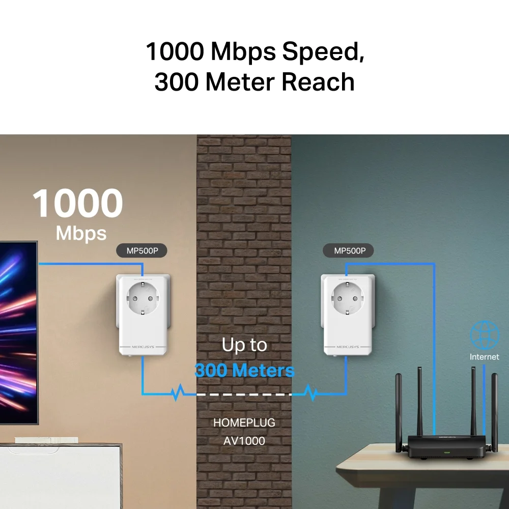 Adaptador Powerline Mercusys MP500P KIT AV1000 Gigabit com Tomada Passante - Imagem 4