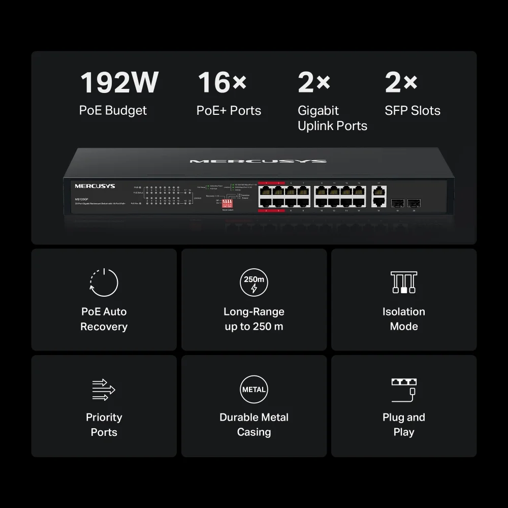 Switch Mercusys 20 Portas Gigabit Rackmount com 16 Portas PoE+ - Imagem 4