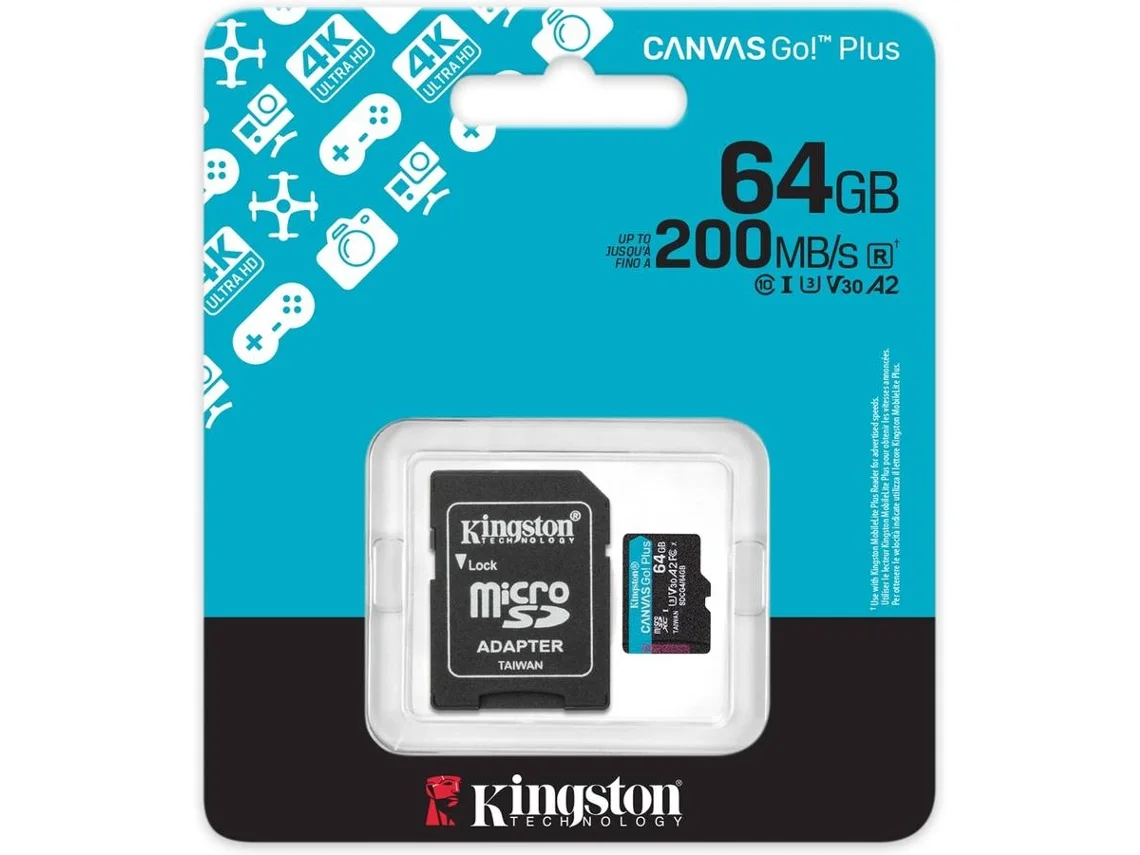 Cartão de memória microSDXC Kingston Canvas Go Plus Gen4 64GB 200MB/s U3 V30 A2 + Adaptador - Imagem 3