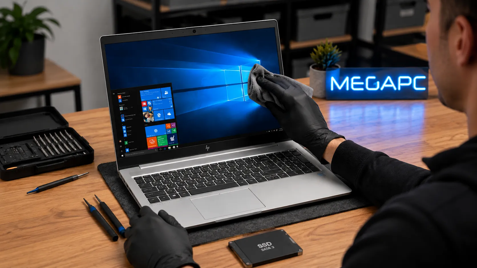 Técnico MegaPC a recondicionar um portátil HP — limpeza, SSD e testes